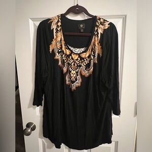 JM Collection Black and Gold Embroidered Blouse